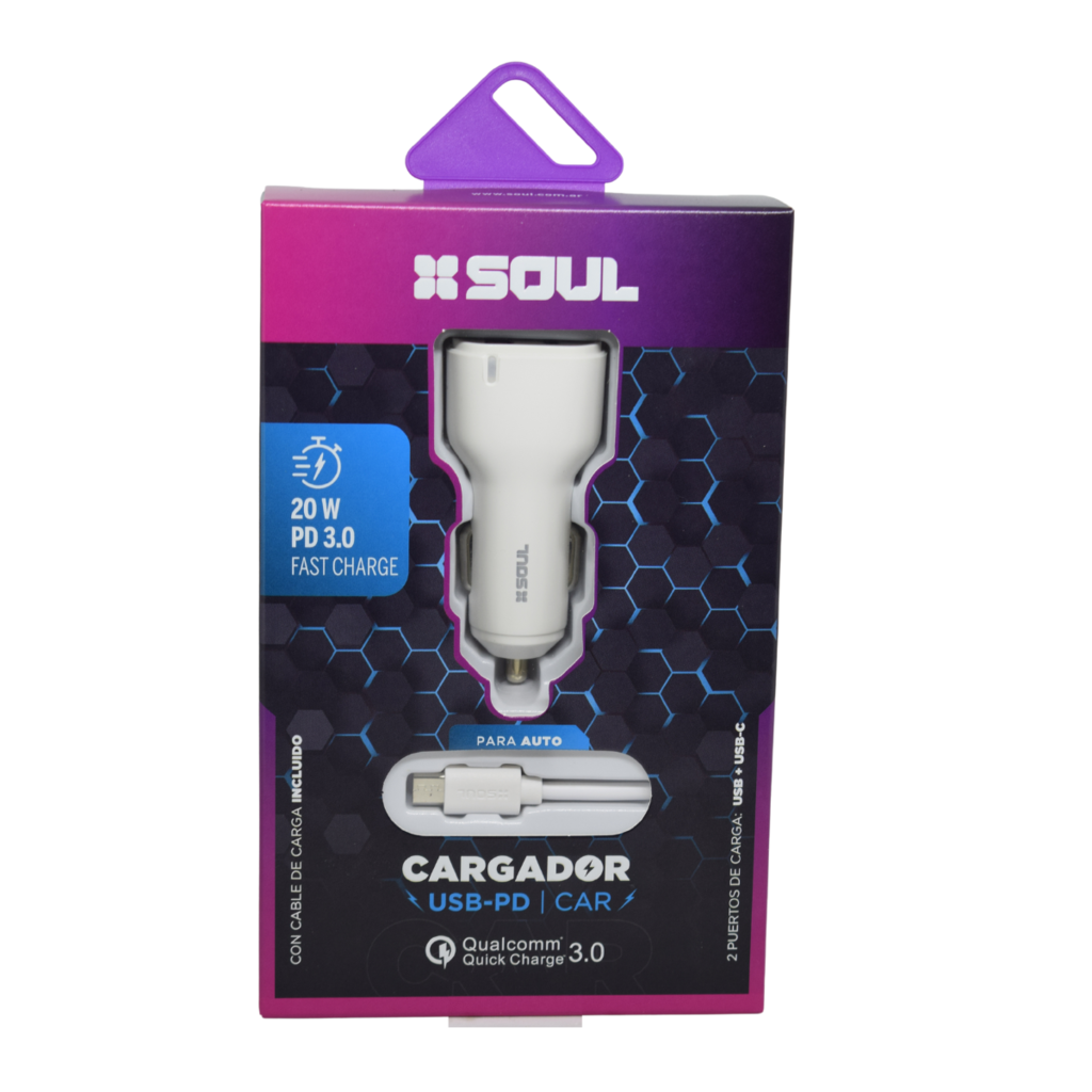 CARGADOR USB/PD DUAL P/AUTO 3.0A SALIDA "C" SOUL